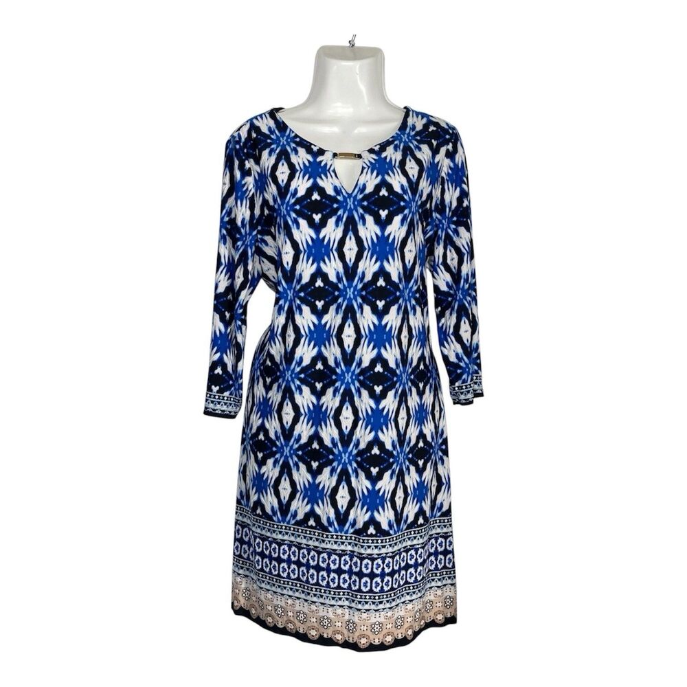 Sandra Darren Women Dress Size 12 Blue White Print Long Sleeve Boho Office
